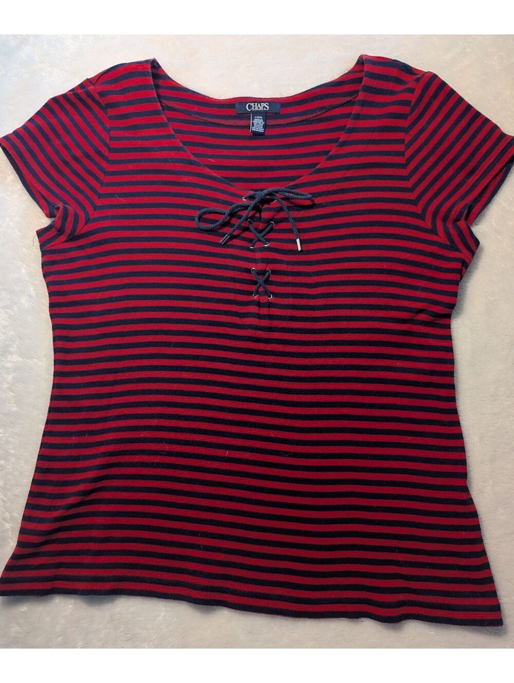 Chaps Red and Black Striped Short Sleeve Lace-Up Top Size Small